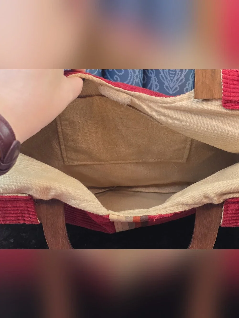 Vintage Red Corduroy Handbag/Satchel/Tote with Wooden Handles